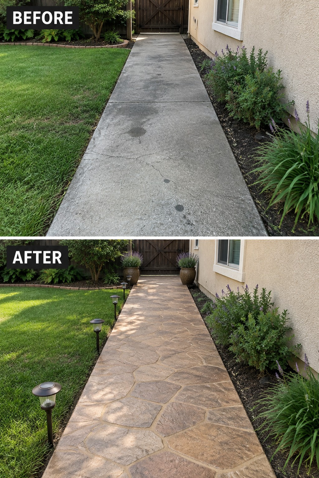 Before-and-after image of a plain concrete side yard path transformed with a stamped stone pattern, solar lights, and potted plants.