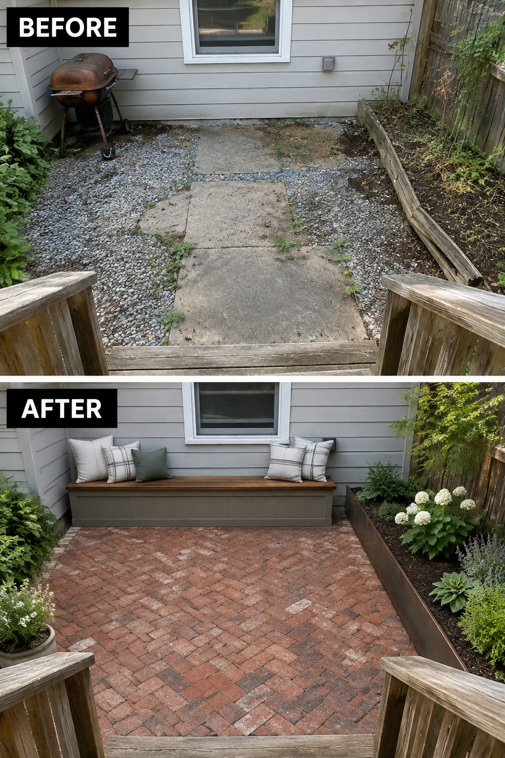 Before-and-after image of a backyard concrete and gravel area changed into a brick paver patio with a built-in bench and cushions.