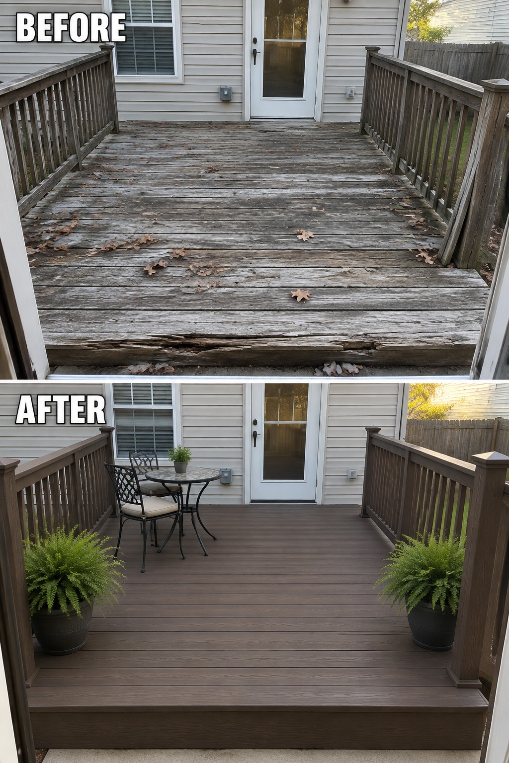 Before and after house deck restored from gray weathered wood to dark brown with furniture