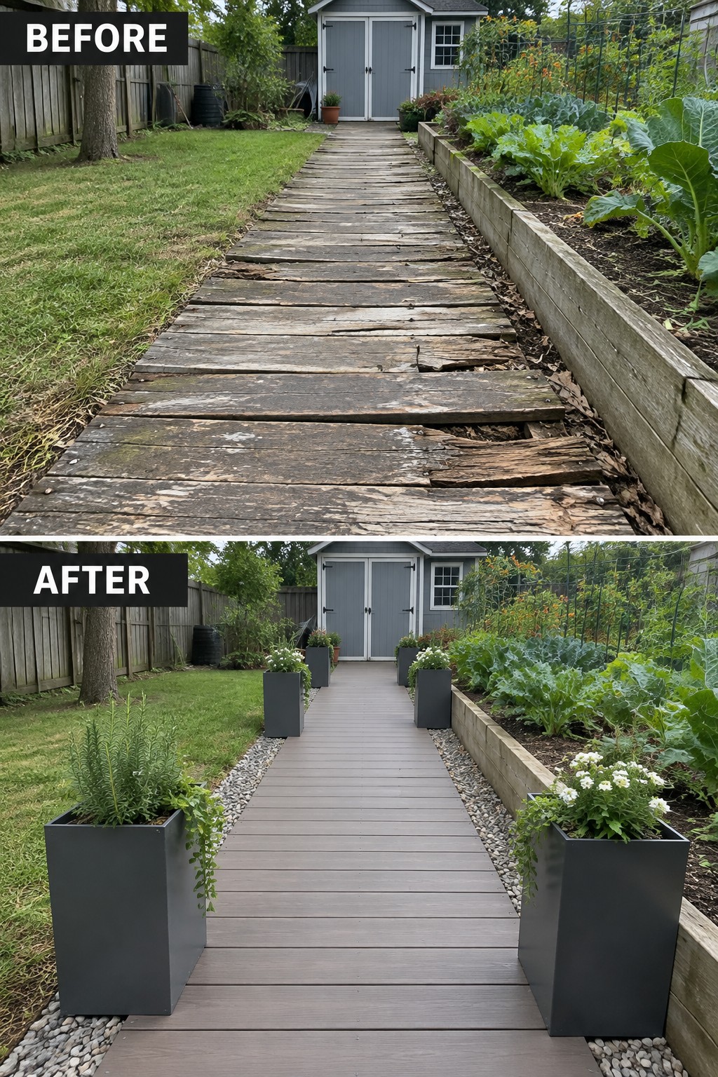 Before-and-after image of a backyard garden path showing a broken wooden walkway replaced by clean composite decking with large planters on both sides.