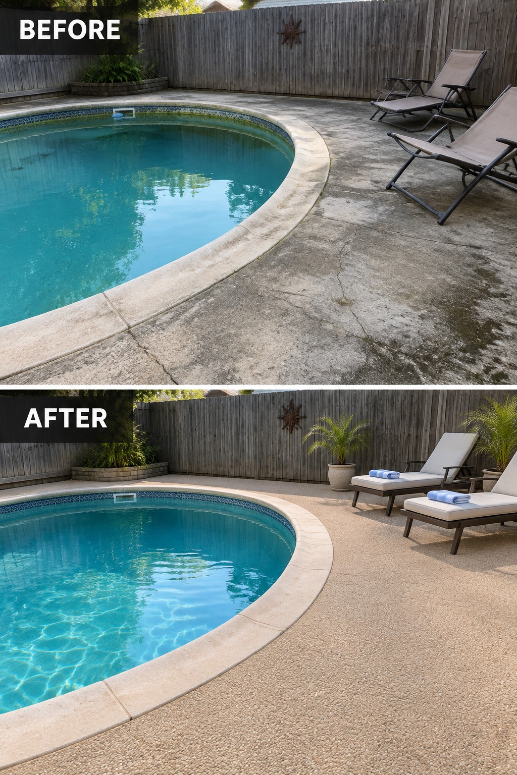 Before-and-after pool deck showing cracked concrete replaced by clean beige textured surface with lounge chairs.