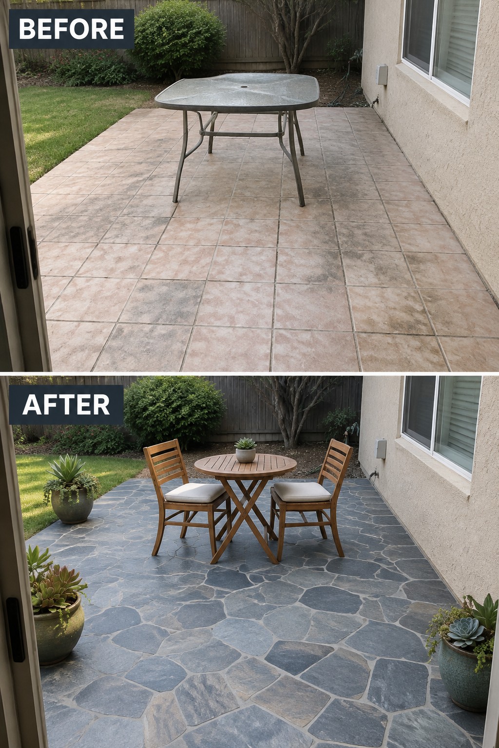 Before-and-after image of a stained concrete patio changed to an irregular stone paver surface with a round dining table, two chairs, and potted plants.