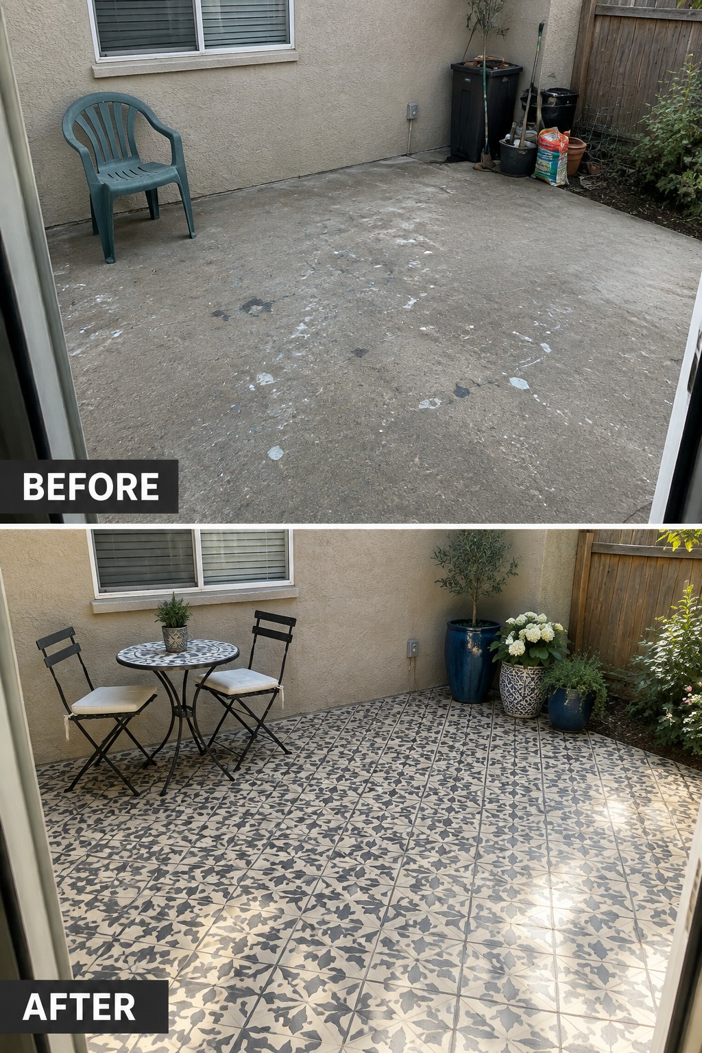 Before and after patio with new patterned tiles, table, chairs, and plants