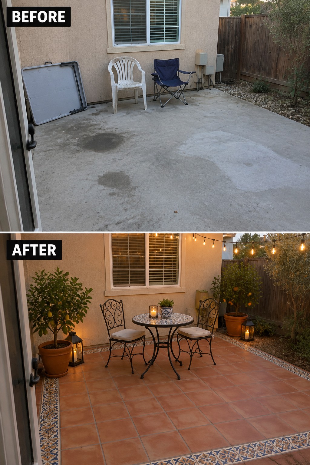 Before concrete patio with chairs transformed into tiled space with table, plants and lights.