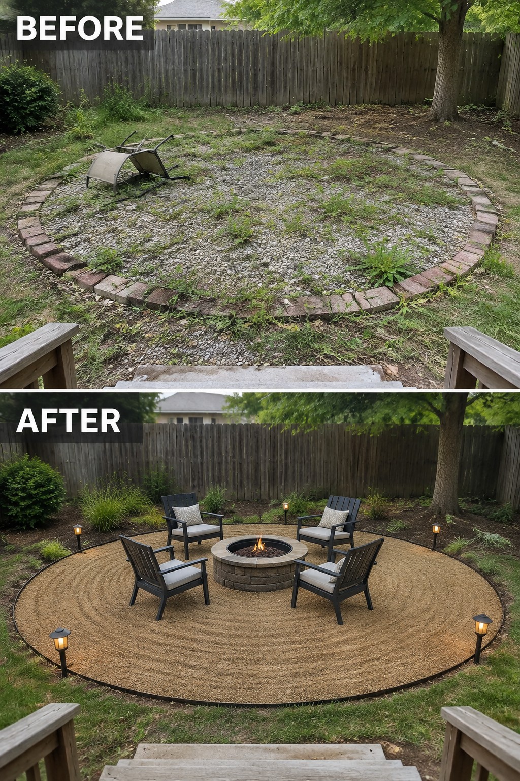 Before and after backyard fire pit renovation with chairs, mulch, and lights
