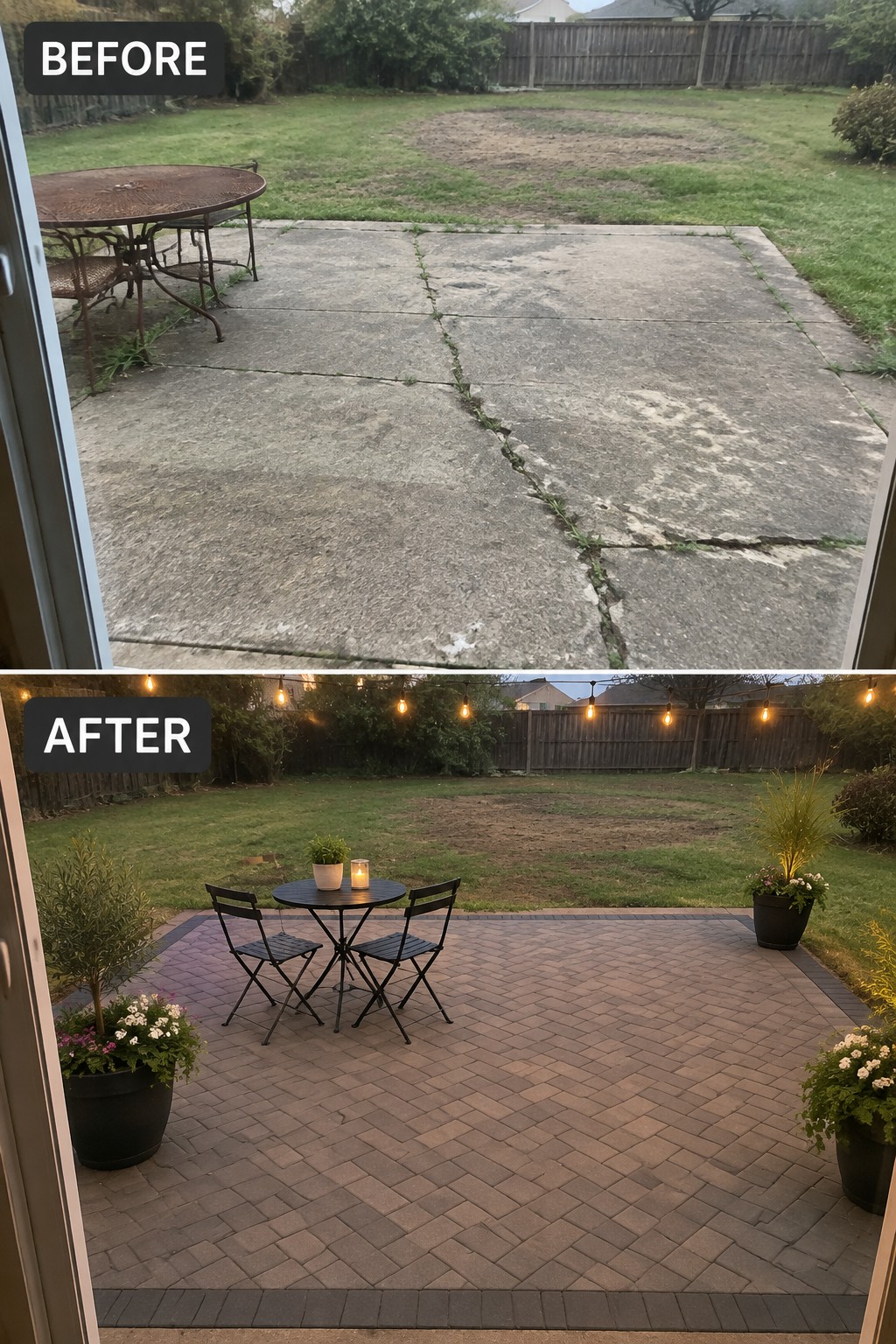 Before-and-after backyard patio: cracked concrete above, brick pavers with table and lights below.