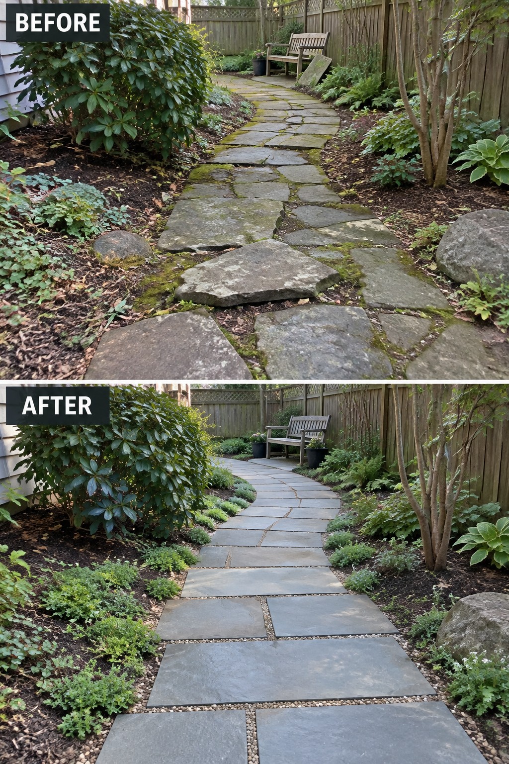 Before-and-after image of an overgrown garden path with irregular mossy stones changed to a clean layout of uniform rectangular pavers with defined gravel edges.