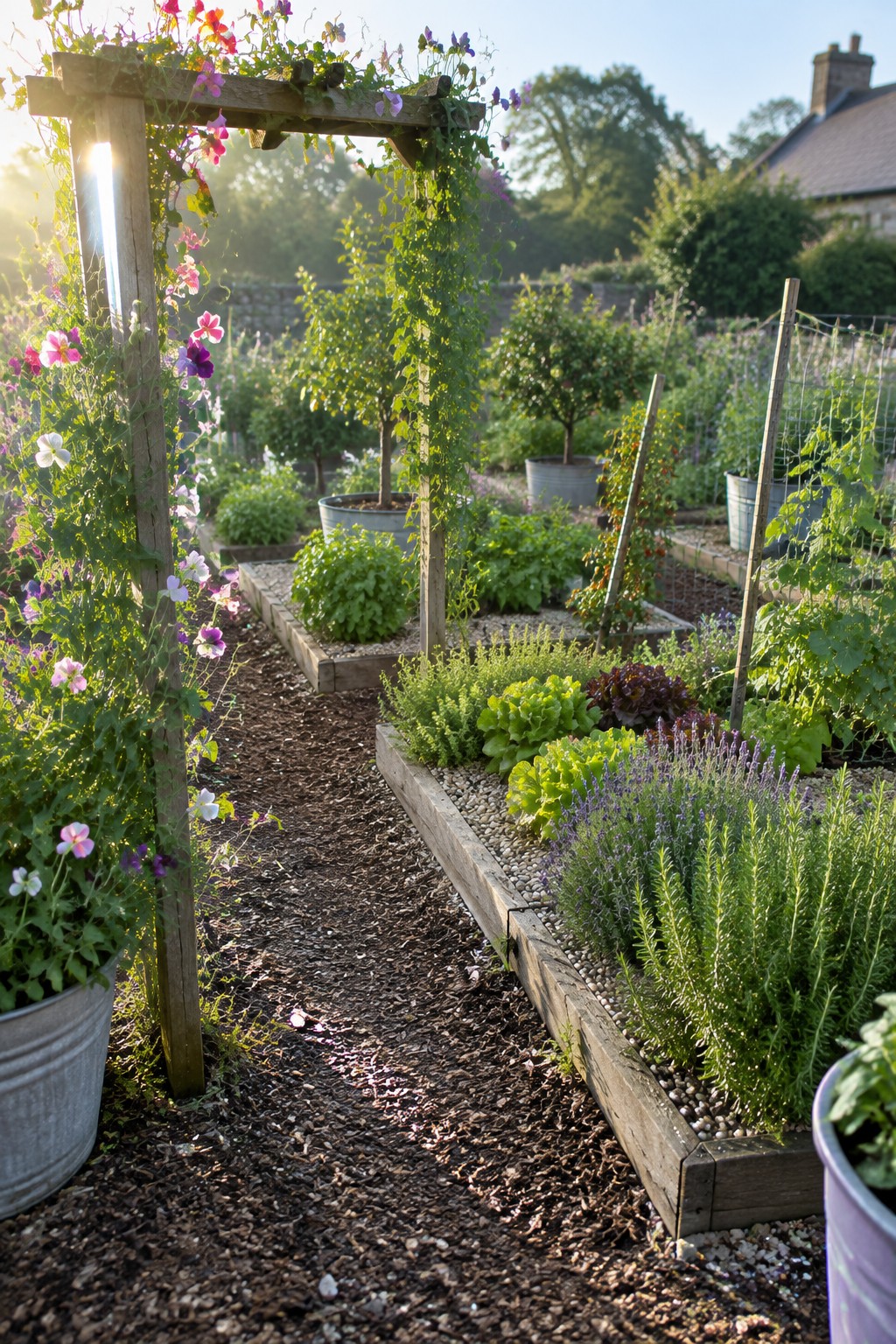 A backyard garden with raised wooden beds, gravel and mulch surfaces, flowering vines on a wooden arch, and various plants in containers.