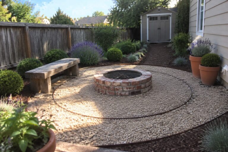 21 Budget-Friendly Backyard Landscaping Ideas Using Gravel and Mulch A backyard landscaping scene with a brick fire pit centered in a circular gravel area, mulched planting beds with lavender and shrubs separated by metal edging, a wooden bench, and potted plants near a shed.