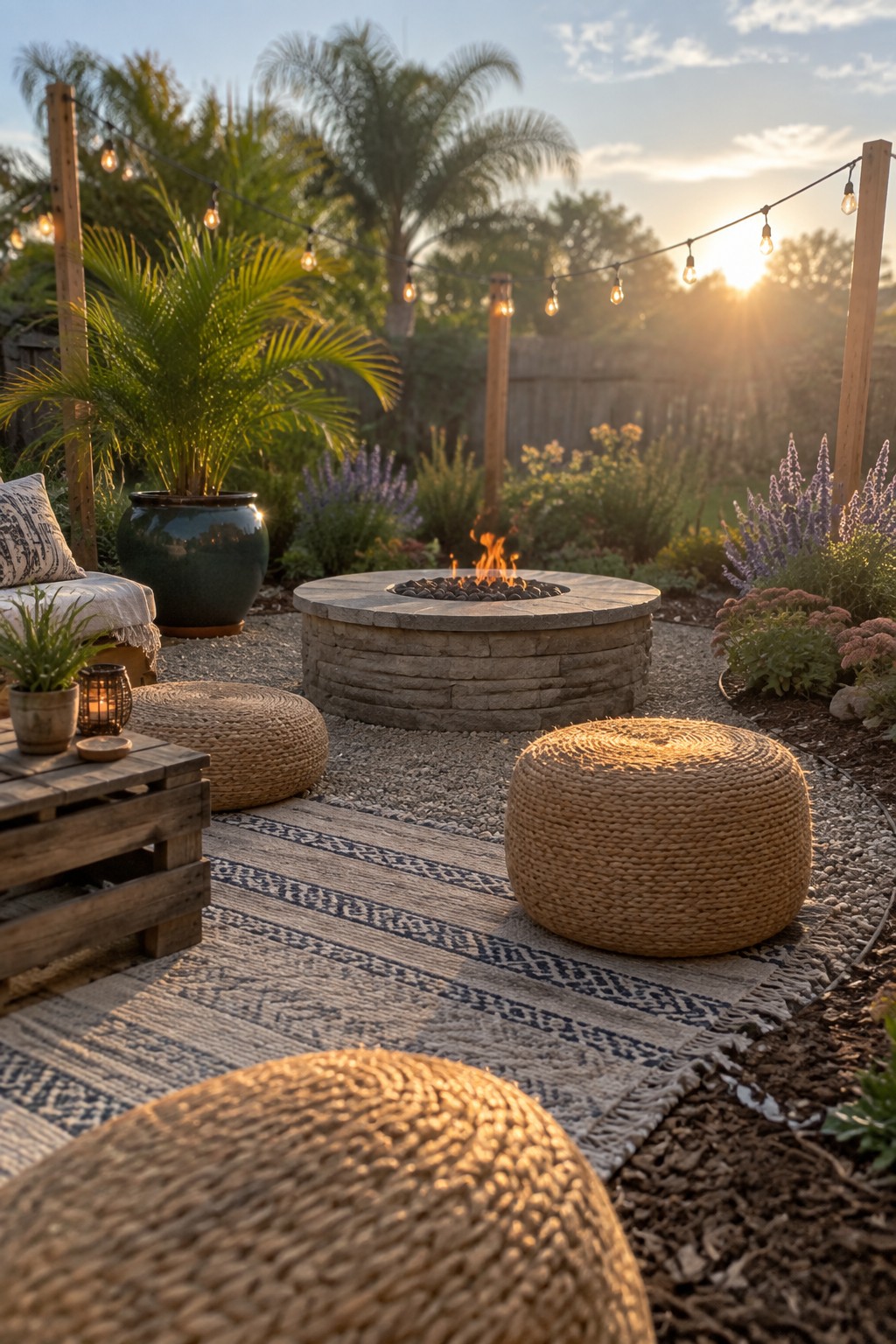 A backyard fire pit area with a stone fire pit on gravel, woven poufs on a striped rug, potted plants, and string lights at sunset.