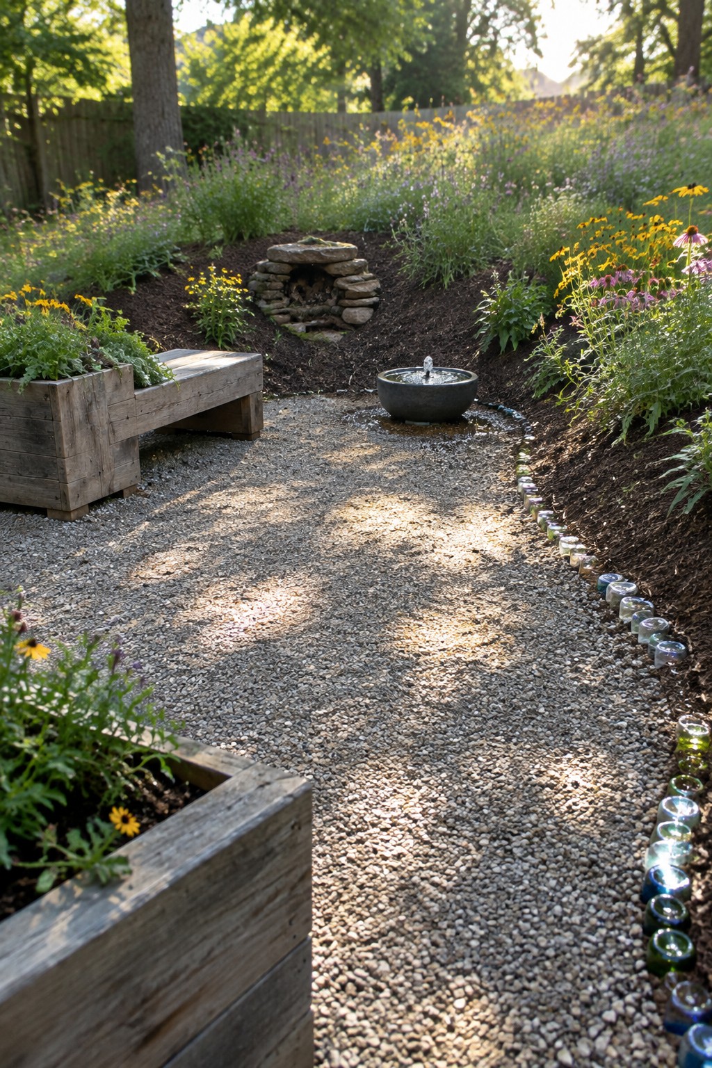 Gravel path with central fountain, wooden planters, stone fire pit, and wildflowers.