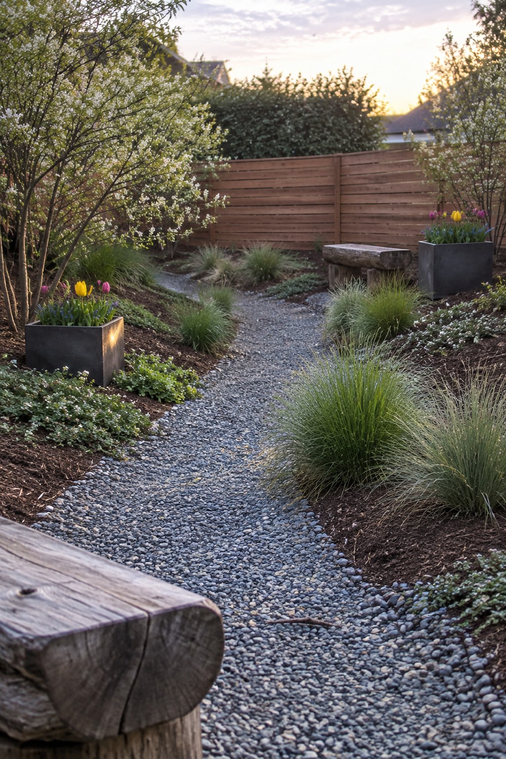 A winding gravel pathway runs through a landscaped backyard with flowering plants in containers, ornamental grasses, and a wooden fence in the background.