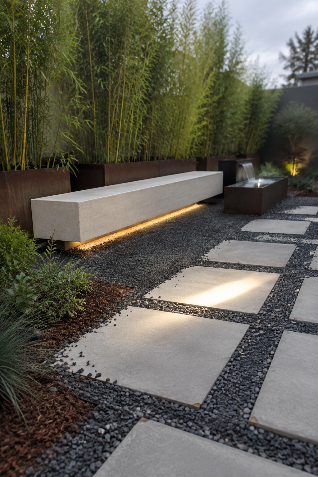 A backyard garden path of large concrete pavers set into dark gravel, bordered by mulch beds, a long concrete bench, metal planters with tall bamboo, and a small water feature.