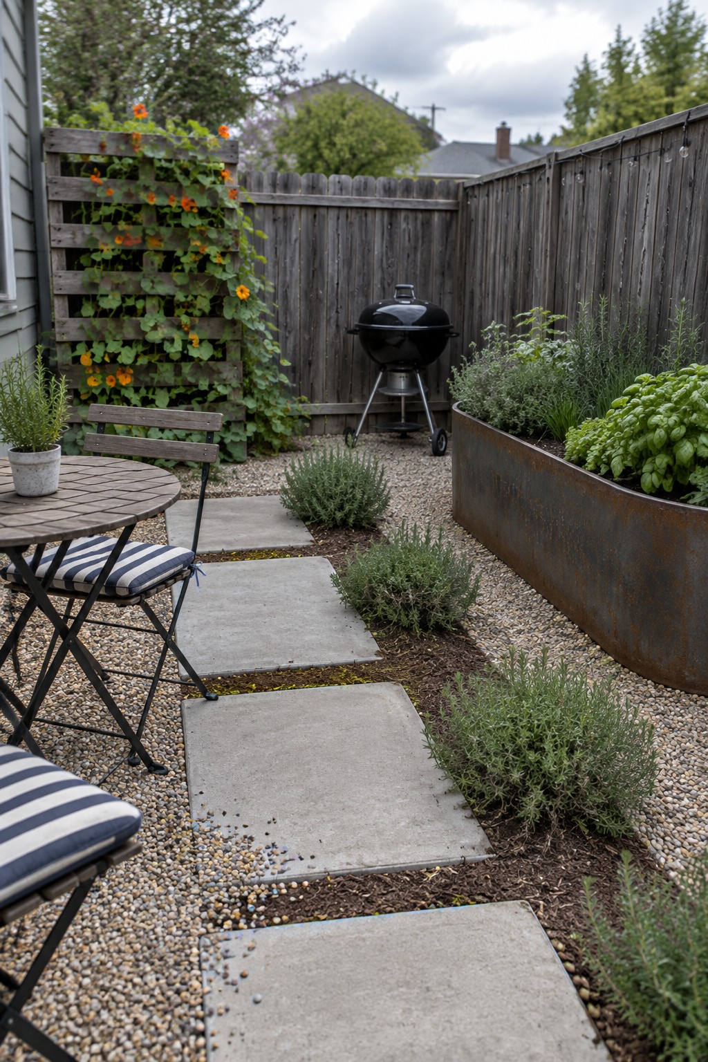 A backyard garden with gravel ground cover, concrete paver paths, raised metal planters, herbs, and a black grill near a wooden fence.