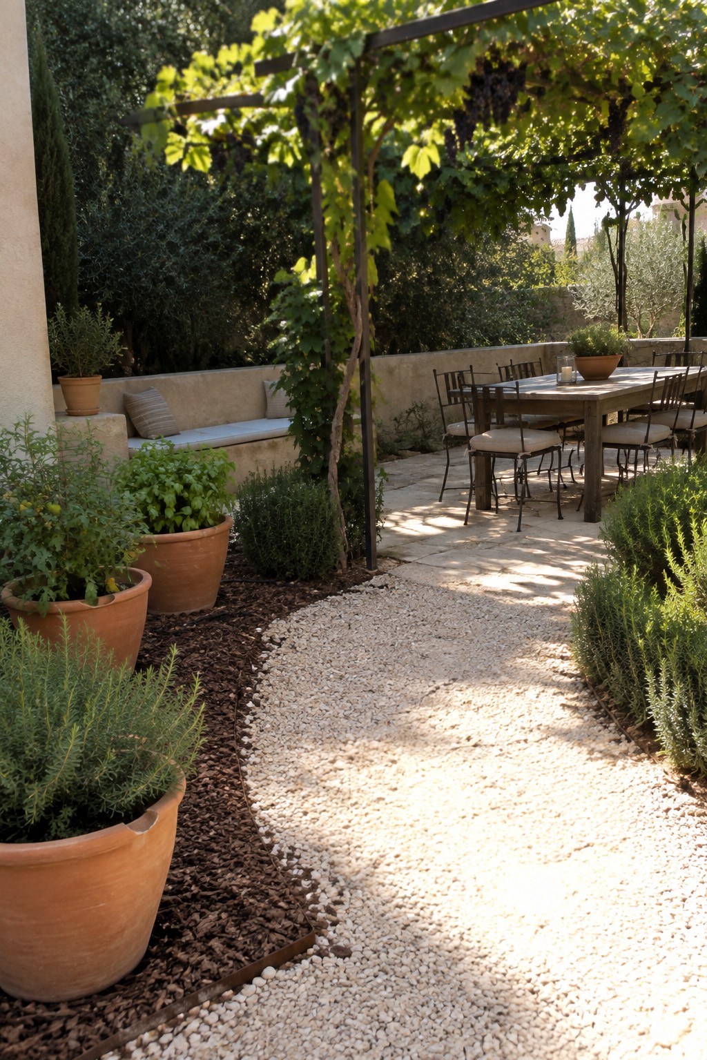 Terracotta pots border gravel path to wooden table under grapevine pergola