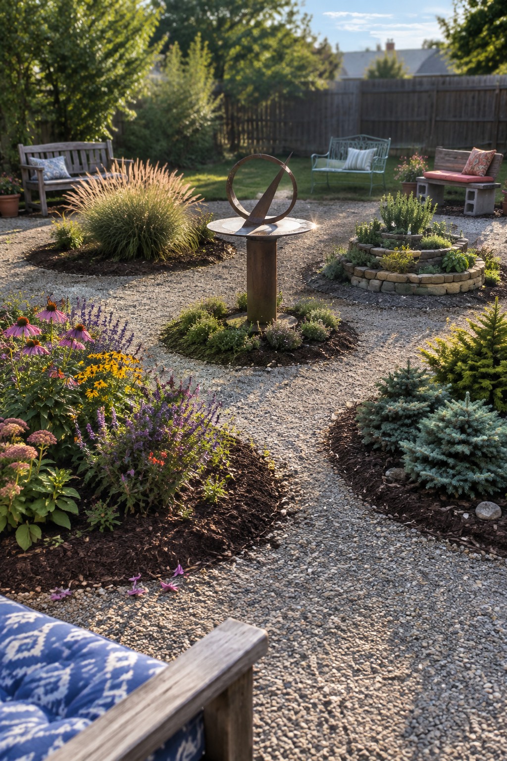 A backyard garden with gravel paths winding through mulched flower beds, a central metal sundial, and several wooden benches around the perimeter.