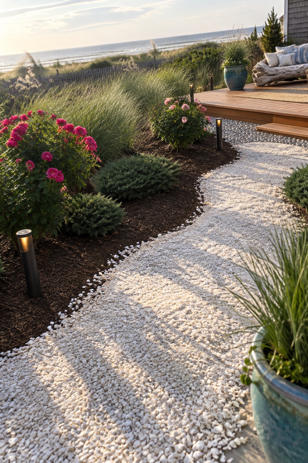 Winding white pebble path through garden with pink roses beside ocean-view deck