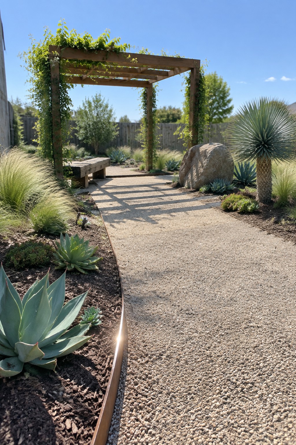 Gravel path curves under vine-covered pergola in sunny garden with succulents and rock