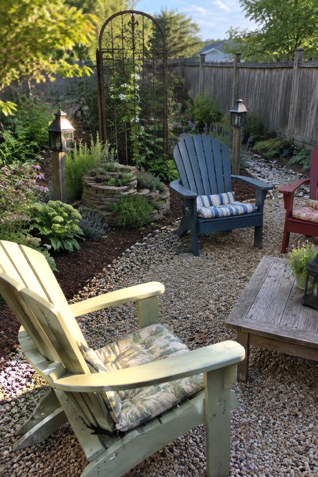 A backyard garden with gravel pathways winding between mulched planting beds edged in stone, a metal arbor, and several wooden Adirondack chairs.