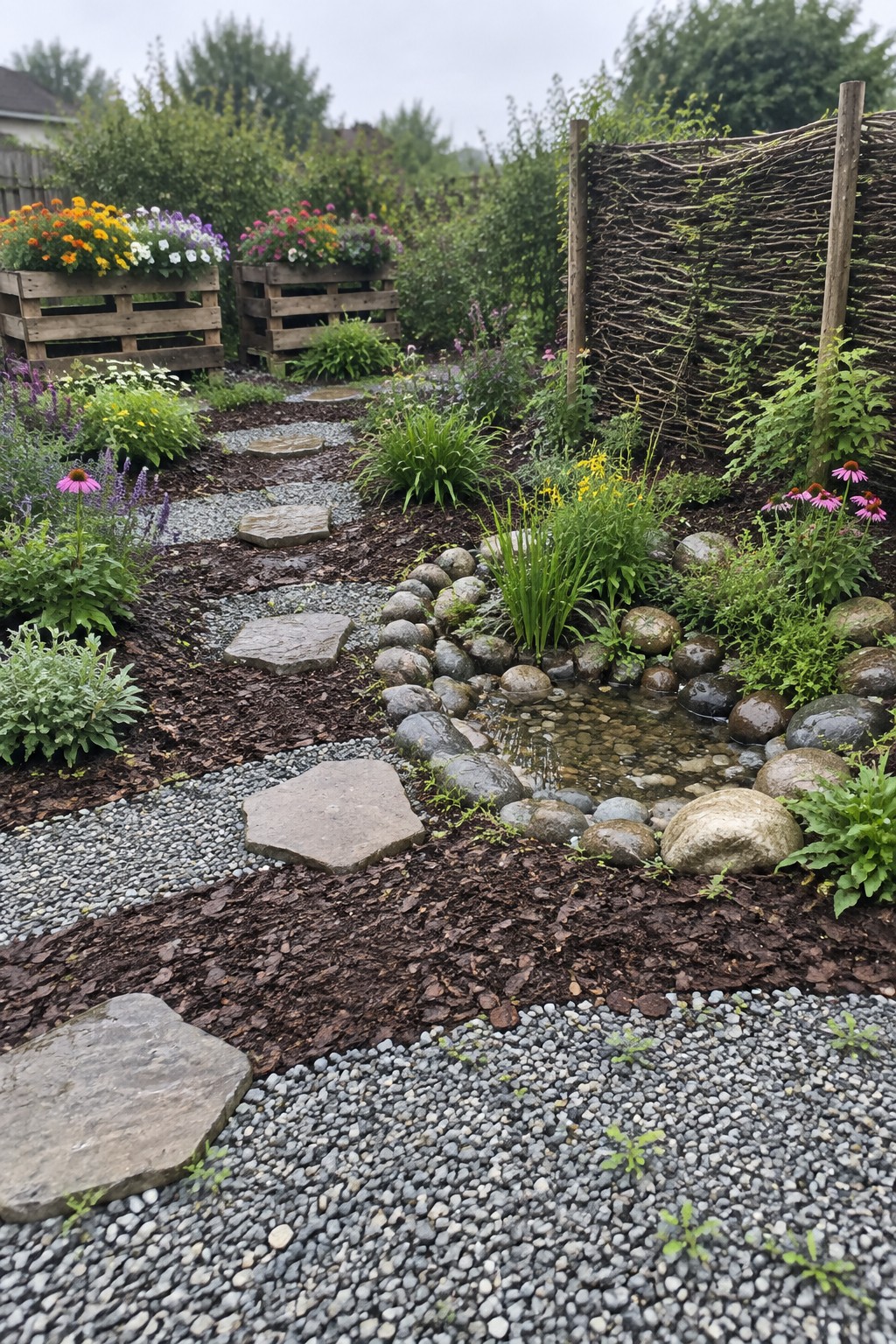 Lush garden with stone path, flower-filled pallets, rock-lined pond, and woven fence.