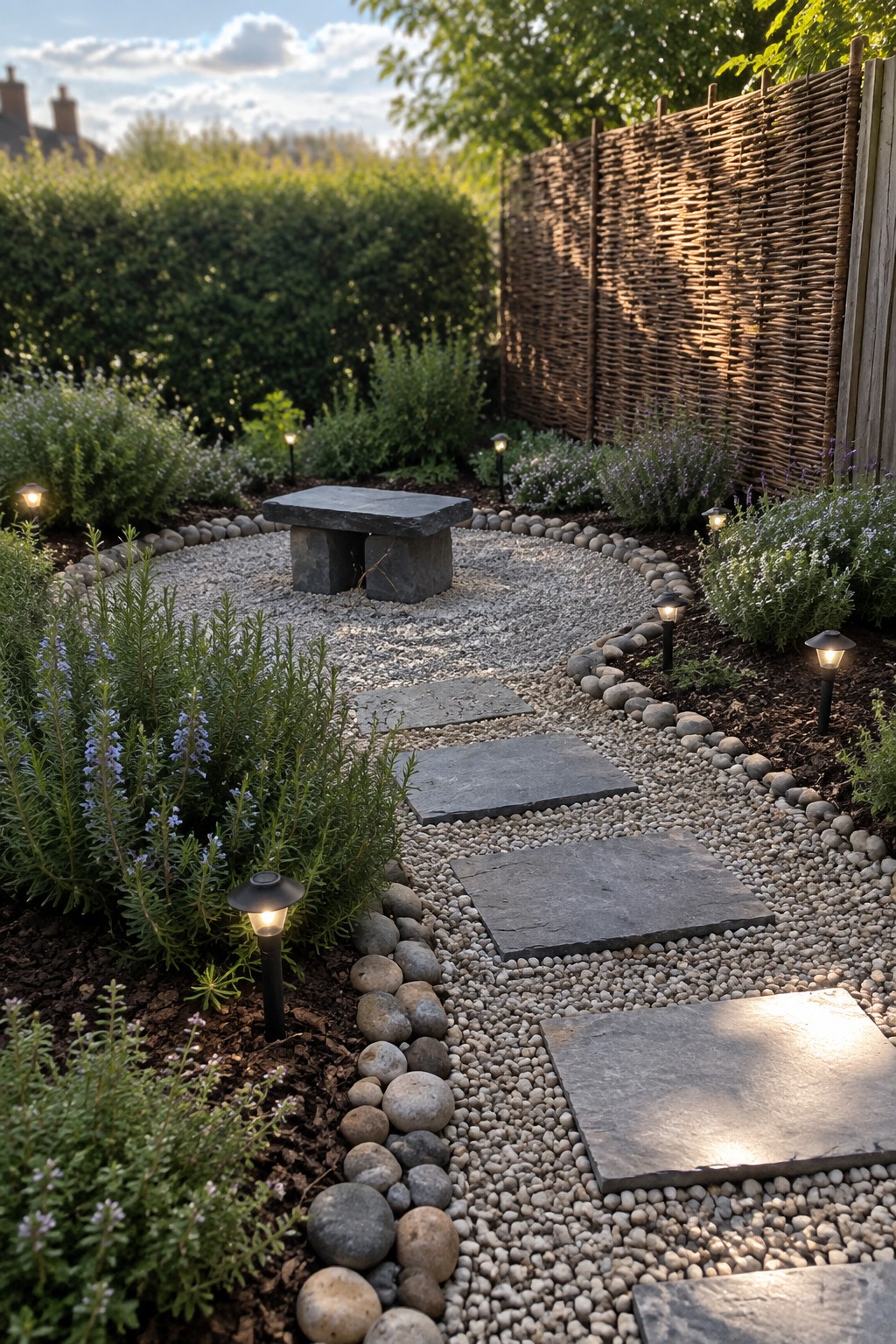 A curved gravel garden path with large flat stepping stones winds through planted beds, bordered by larger rocks and small lights, with a stone bench in the center.