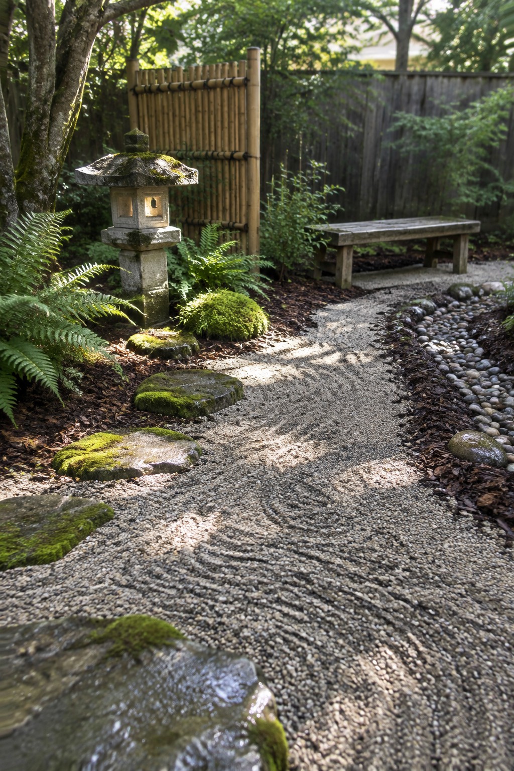 A winding gravel path bordered by mulch and mossy stepping stones leads past a stone lantern and ferns toward a wooden bench, with a bamboo screen in the background.