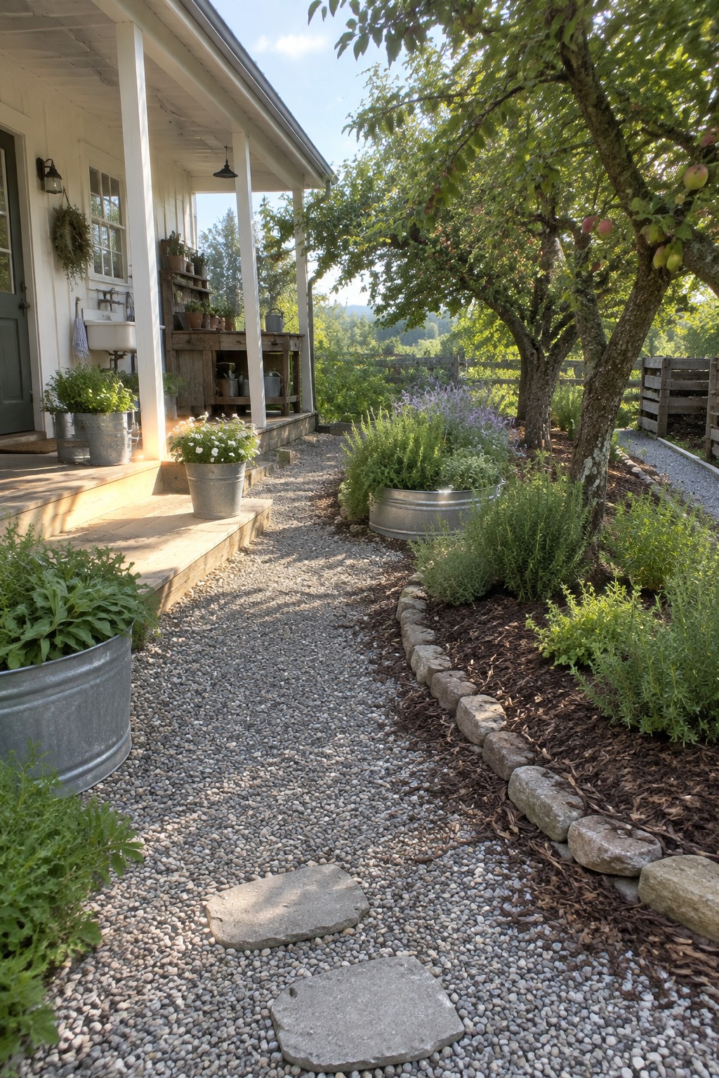 Rustic white porch with gravel path, metal planters, stone borders, and apple trees.