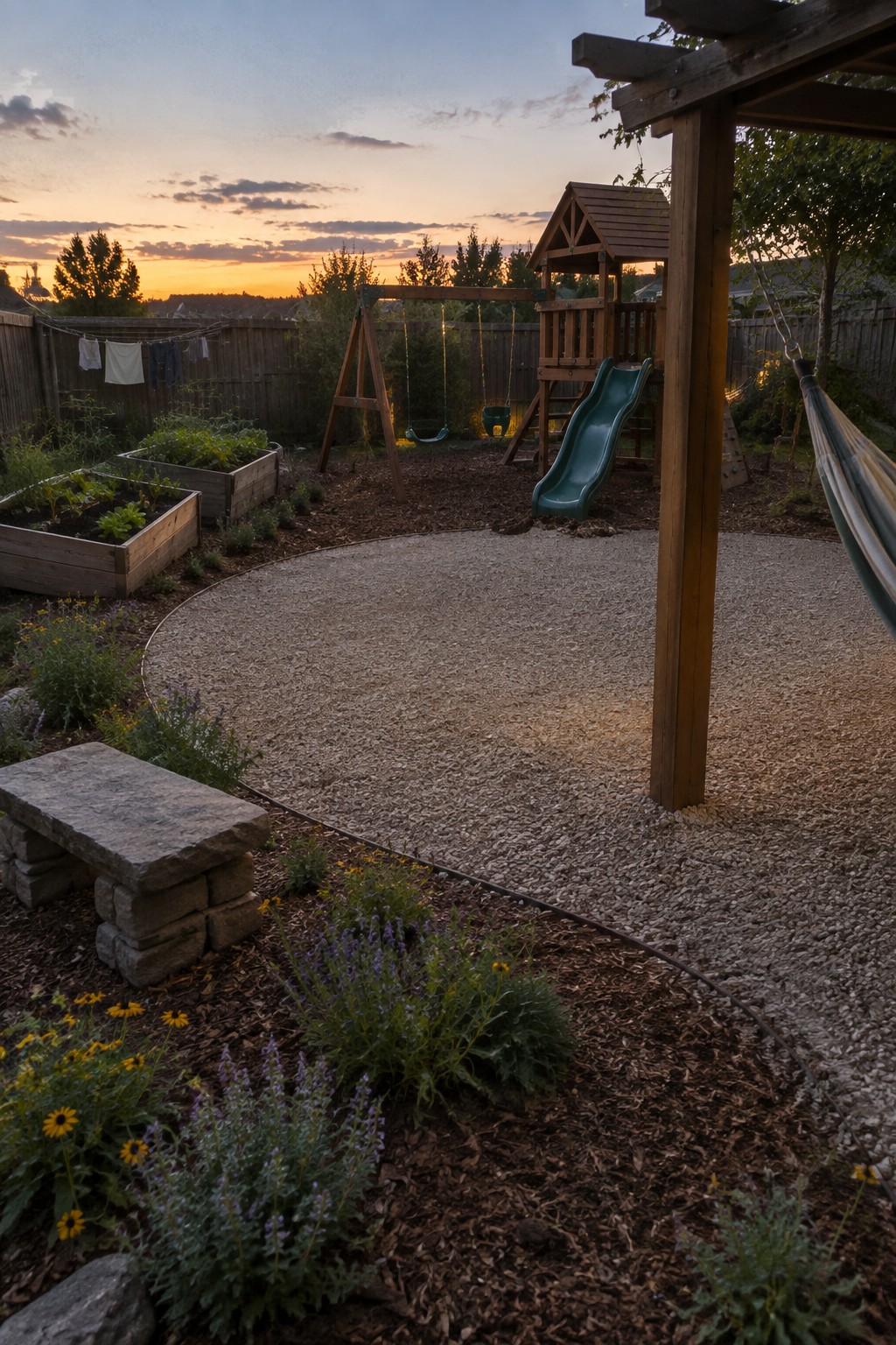 Twilight backyard with wooden playset, gravel circle, raised beds, stone bench, and hammock