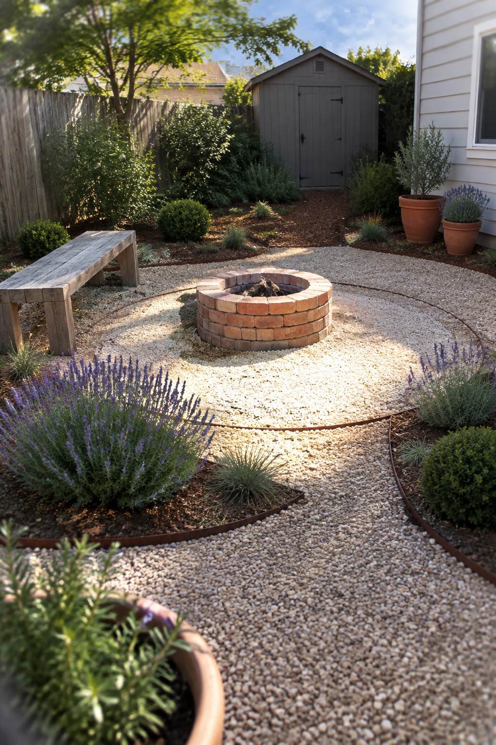 A backyard landscaping scene with a brick fire pit centered in a circular gravel area, mulched planting beds with lavender and shrubs separated by metal edging, a wooden bench, and potted plants near a shed.