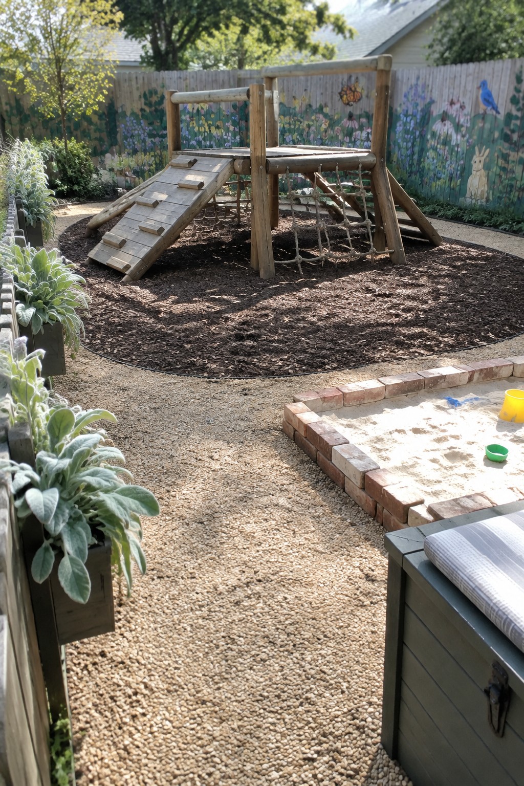 A backyard view showing a wooden playset on dark mulch, a gravel path leading past it, and a brick-edged sandbox in the foreground.