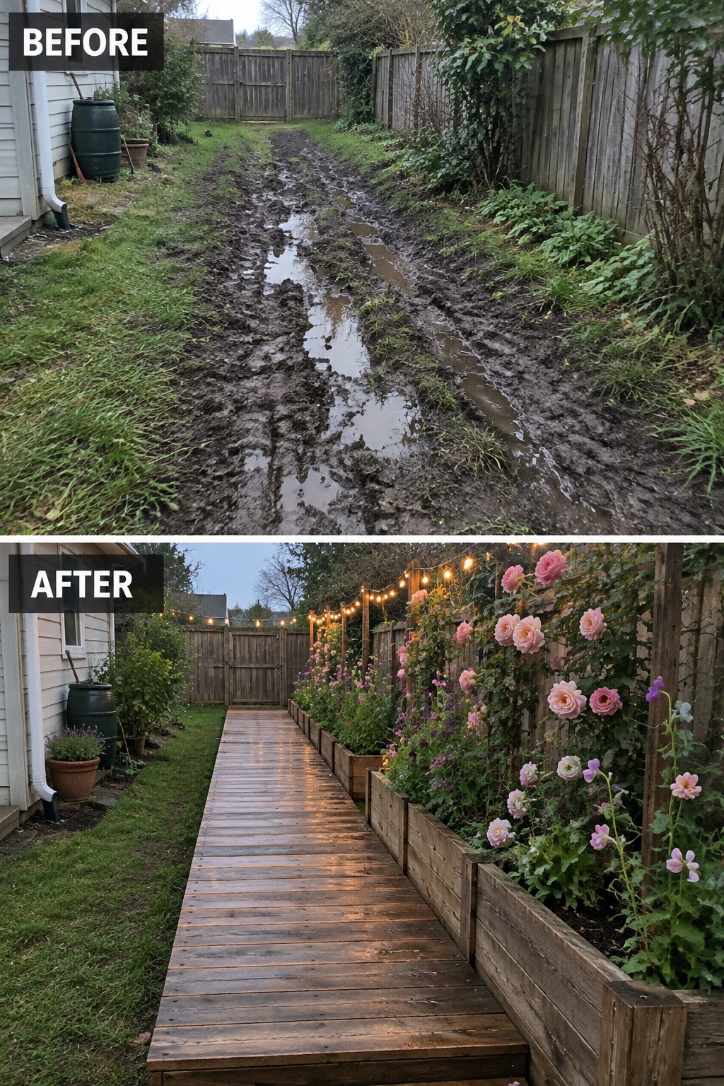 Before-and-after image of a muddy backyard path changed into a wooden boardwalk lined with raised flower beds and string lights.