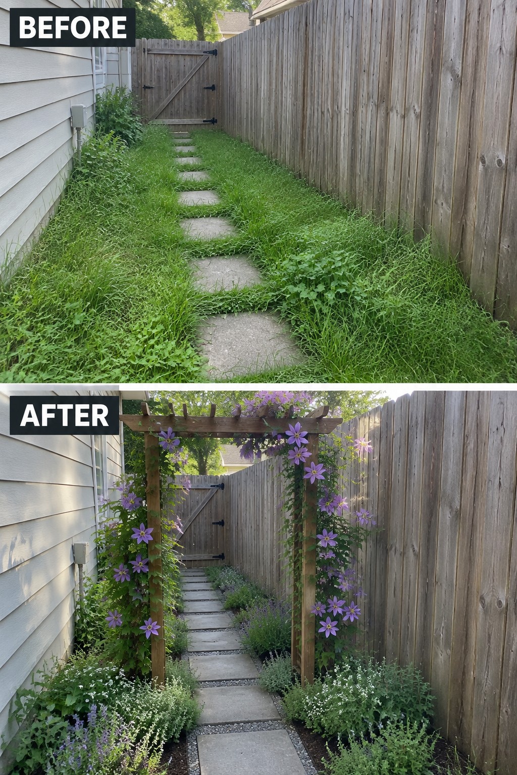 Before-and-after image of an overgrown side yard path transformed with a wooden arbor, climbing purple flowers, and neat garden beds along the stone walkway.