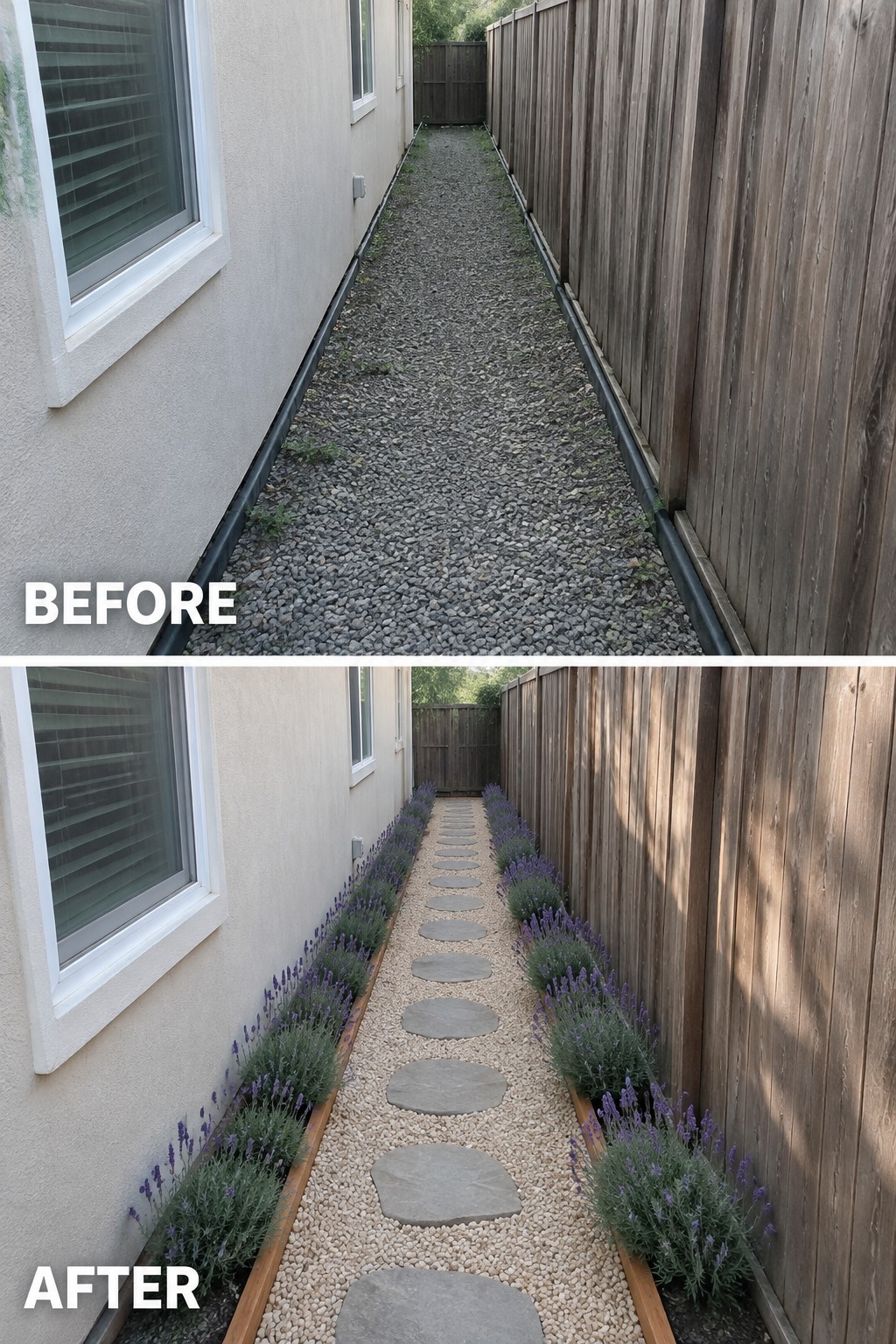 Before-and-after views of narrow path with gravel, stepping stones and lavender plants.