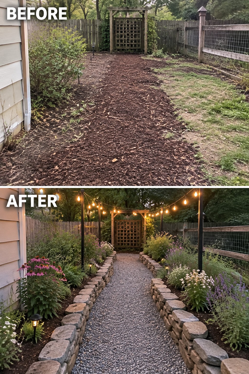 Garden path before mulched and after with gravel, stones, flowers and lights