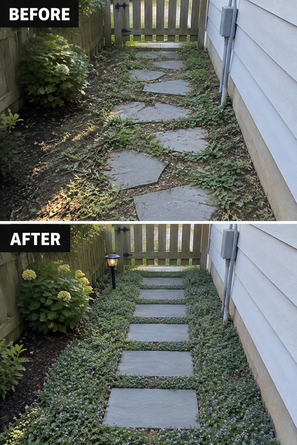 Before-and-after image of an overgrown stone path edged with weeds changed into a neat path bordered by low flowering ground cover.