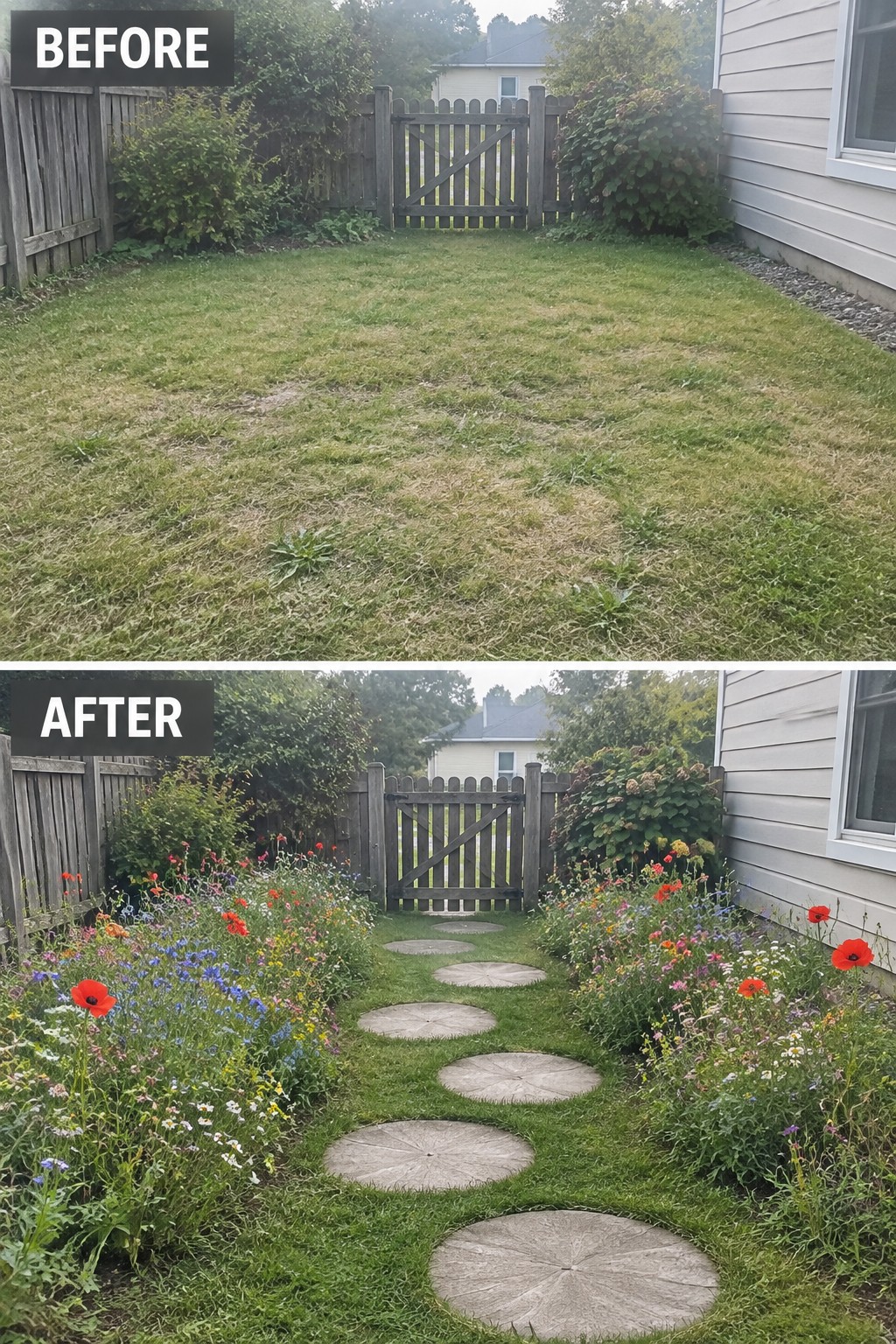 Before and after backyard lawn transformed into flower garden with stepping stone path