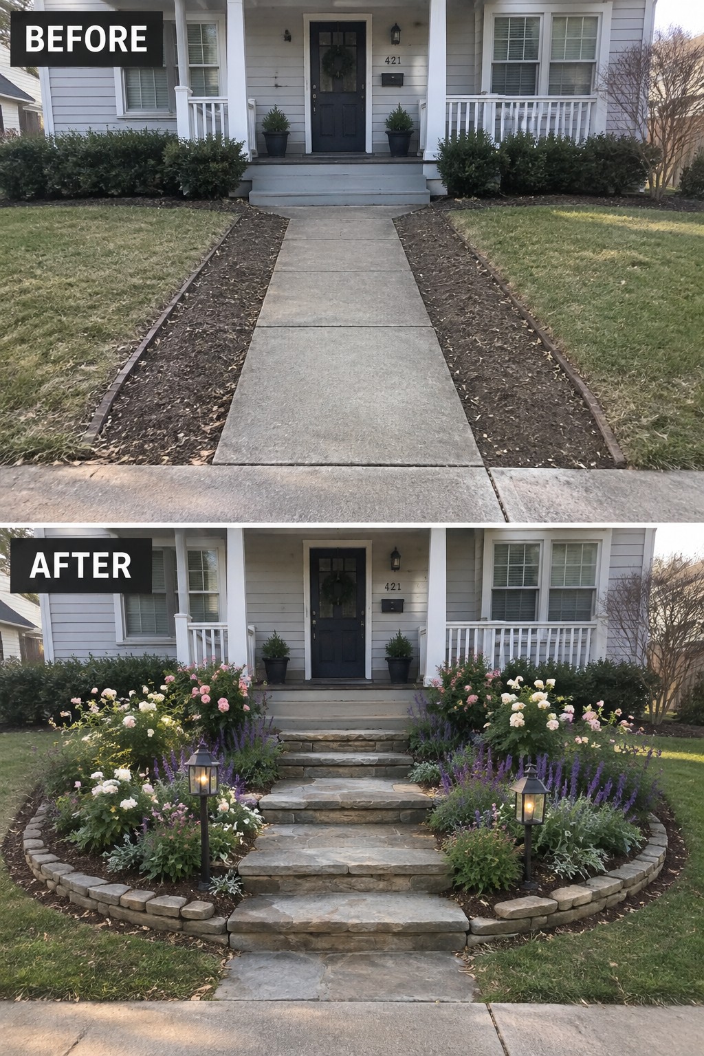 Before and after of house walkway: concrete path replaced by curved stone steps with flowers