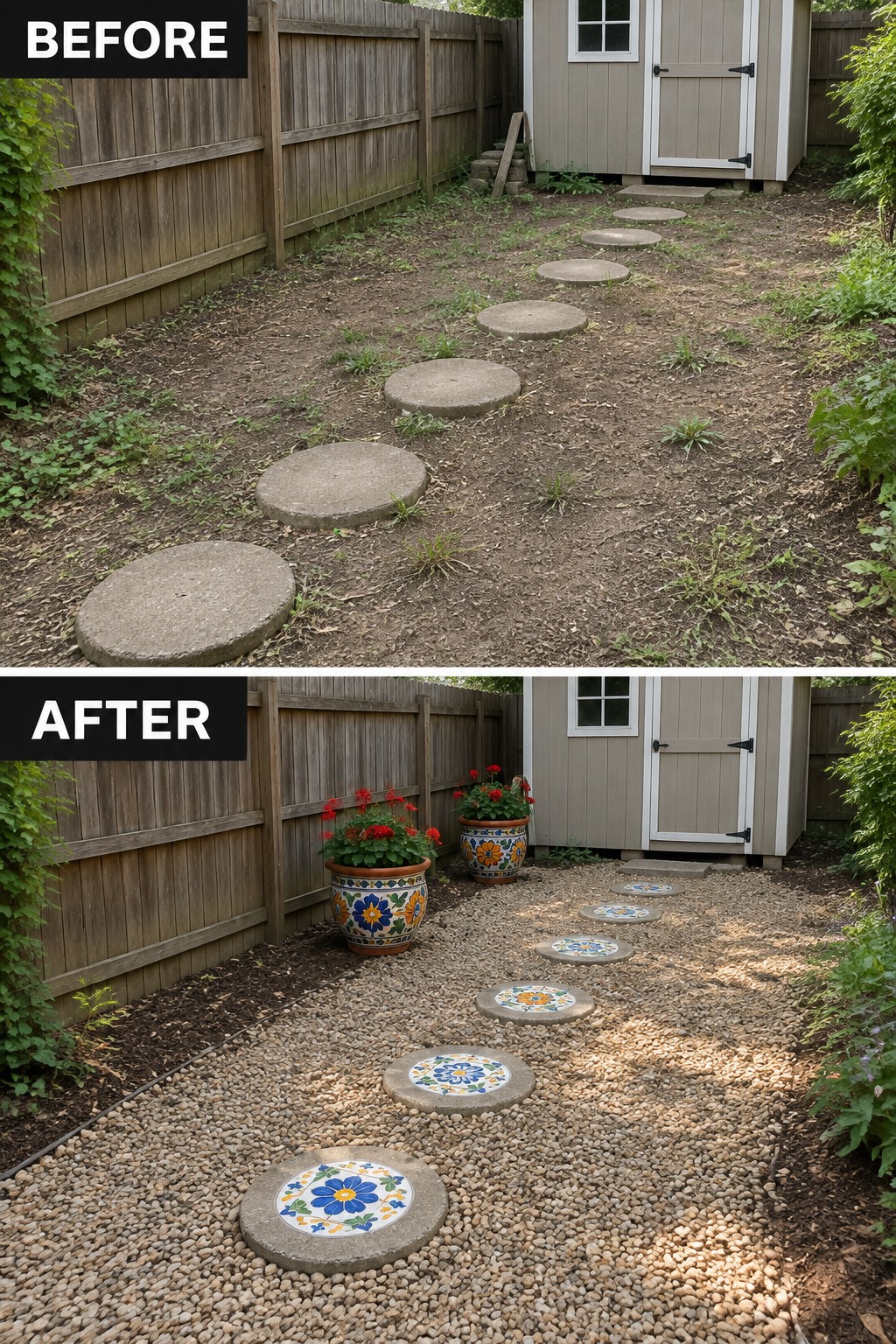 Before and after of backyard path with gravel, colorful stepping stones and potted flowers.