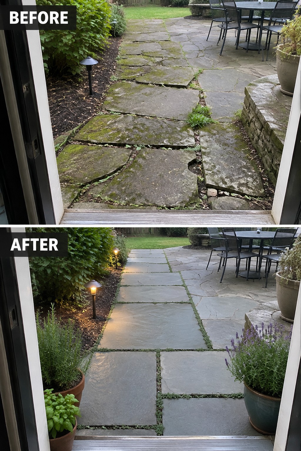 Before and after of mossy stone path cleaned, relandscaped with lights and potted plants