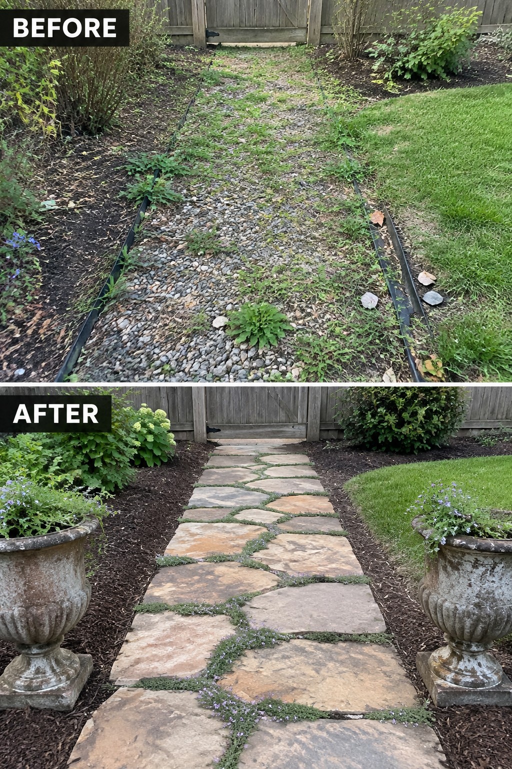 Before-and-after image of an overgrown gravel garden path transformed into a stone paver walkway with mulch beds and large urn planters on either side.