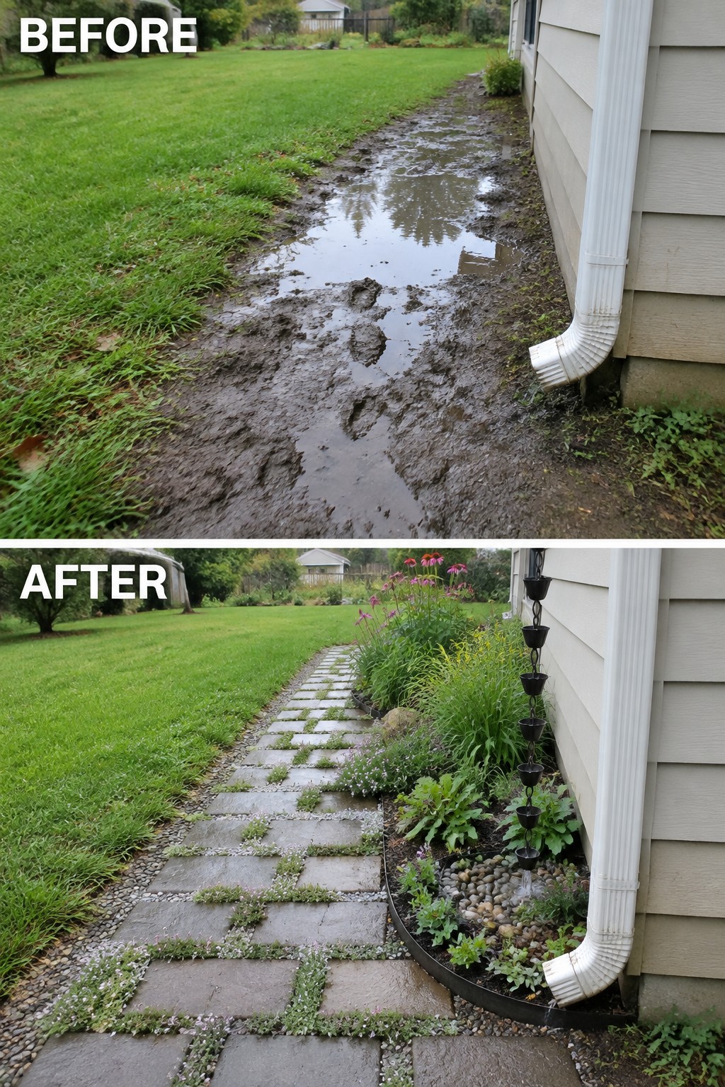 Before muddy path with puddle, after stone pavers and flowering garden bed.