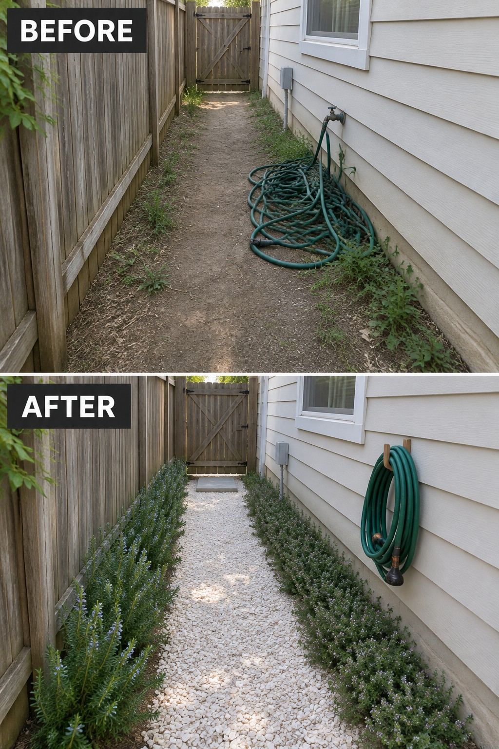 Before-and-after image of a dirt side yard path changed into a gravel walkway lined with planted borders.