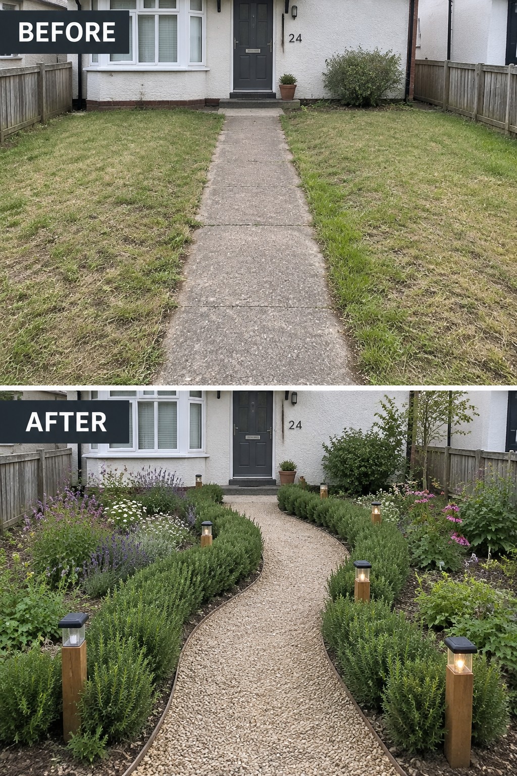 Before and after of front garden makeover with gravel path, plants and lights.