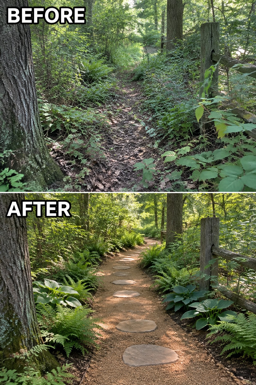 Forest path before and after: leaf-strewn trail upgraded with stepping stones and ferns.