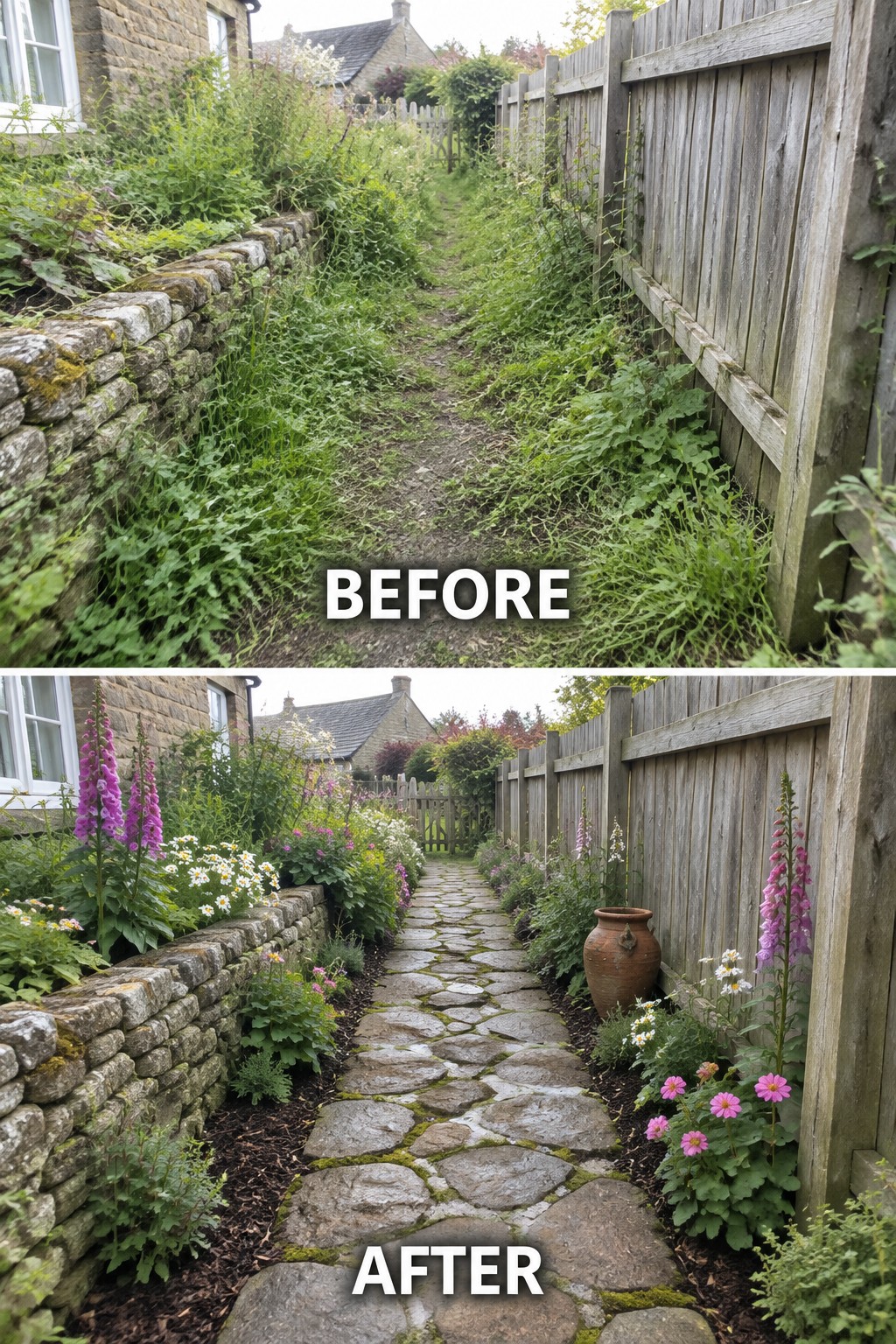 Garden path before overgrown with weeds and after with stone walkway and flowers