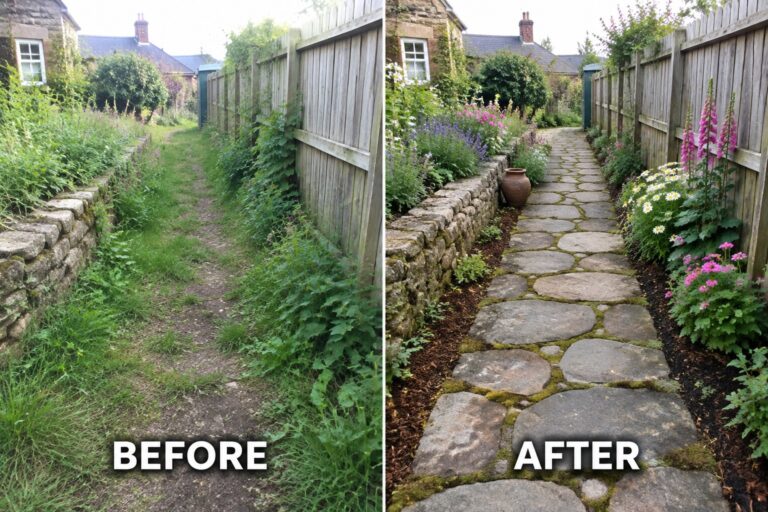 Garden path before overgrown with weeds and after with stone walkway and flowers