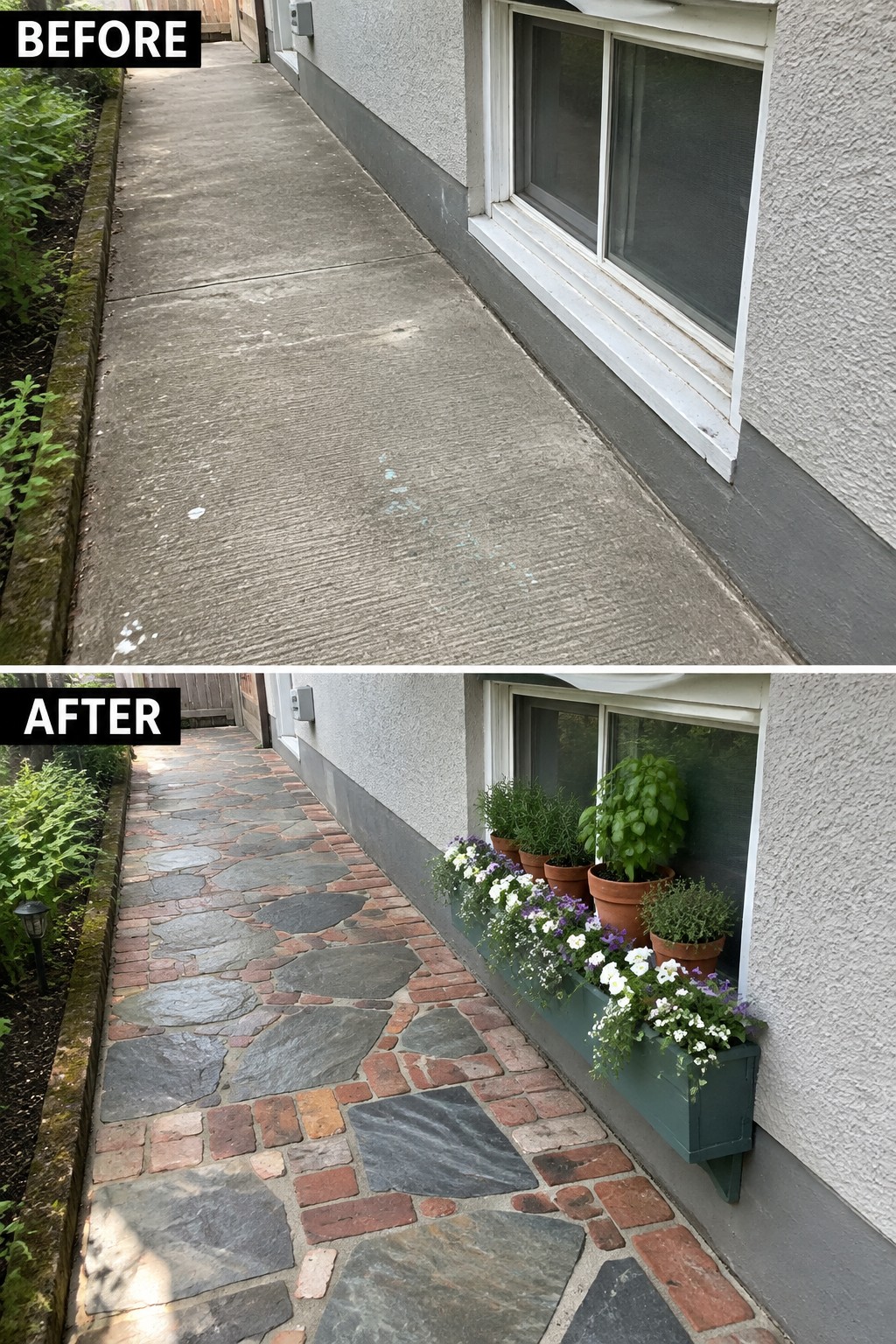 Before-and-after image of a plain concrete walkway transformed into a stone and brick paver path with a window box planter added under the window.