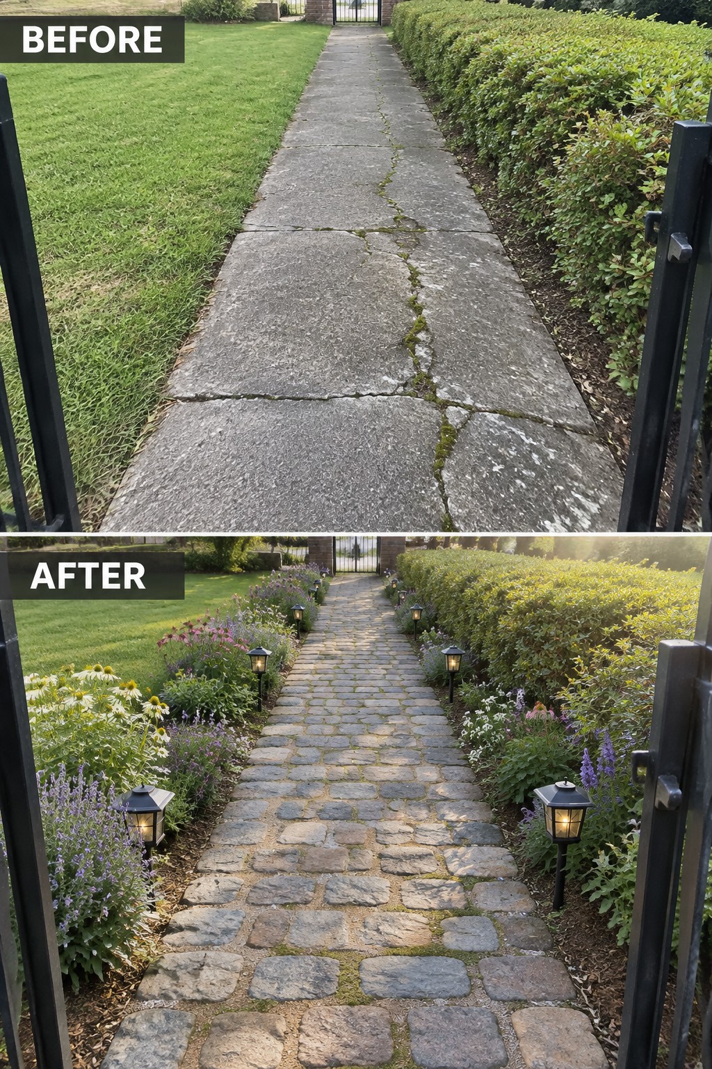 Before-after garden path: cracked concrete transformed into flower-lined cobblestone with lanterns