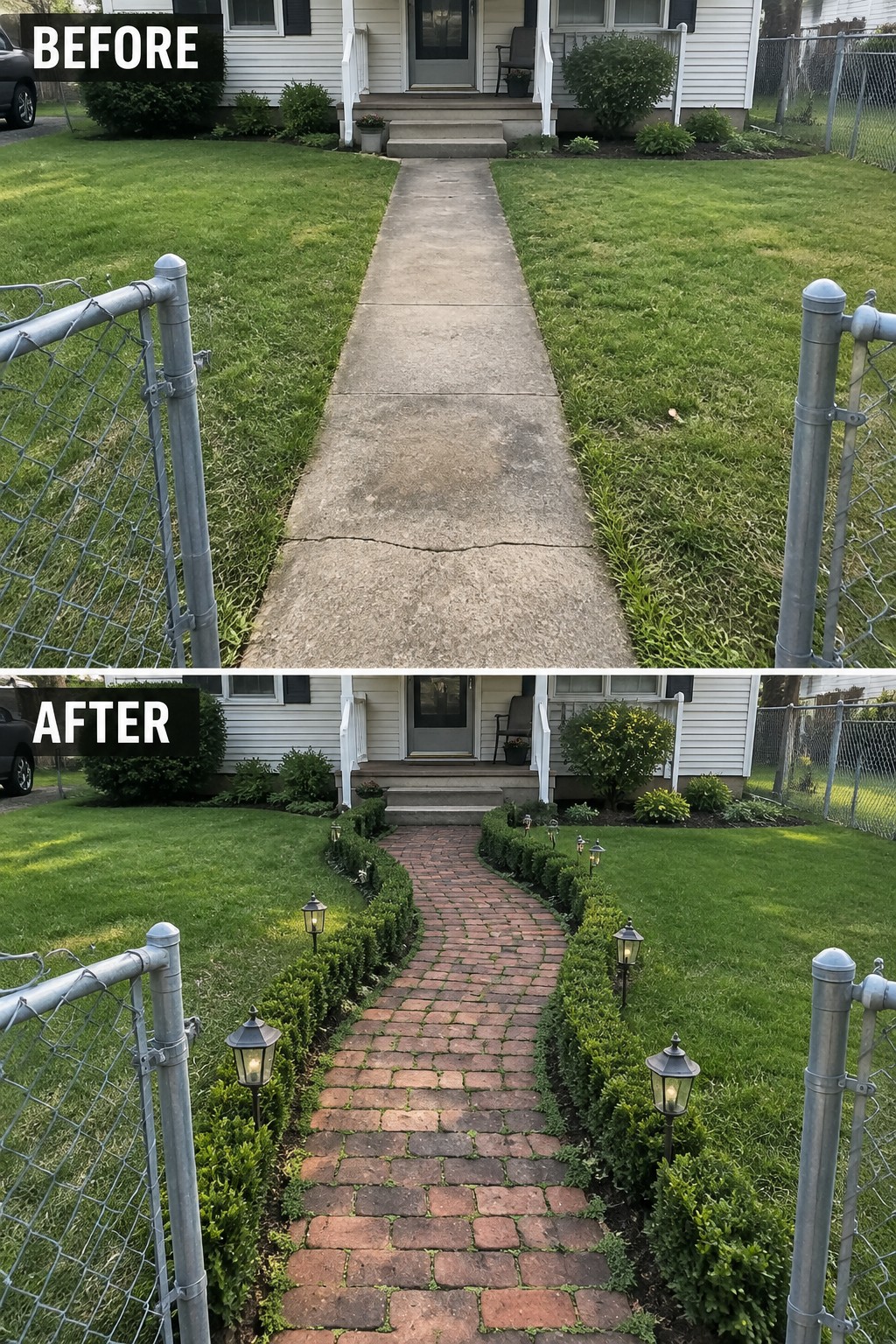 Before-after view of concrete path upgraded to curved brick walkway with hedges and lanterns