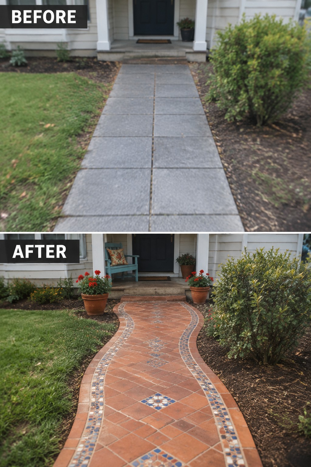 Before and after of house walkway transformed from gray concrete to curved red brick with mosaics